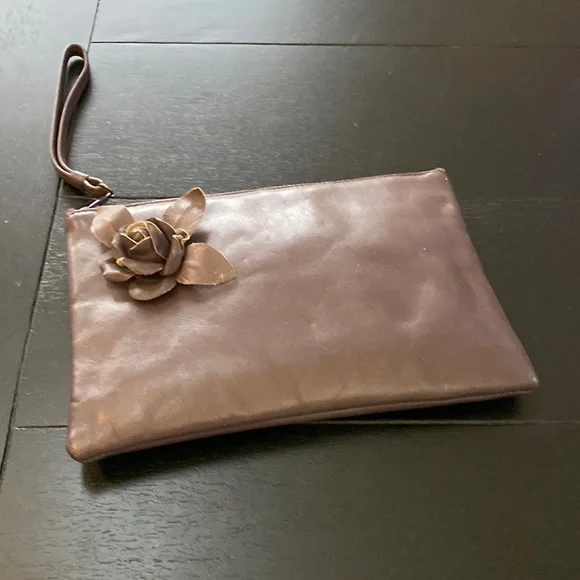 Ruth E. Saltz Leather Clutch. Brown. Rose Detail. 11”x6”. - Picture 1 of 6